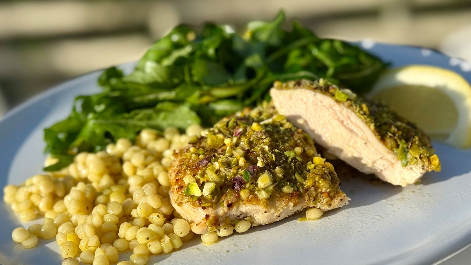Pistachio-Crusted Chicken with Lemon Couscous and Greens