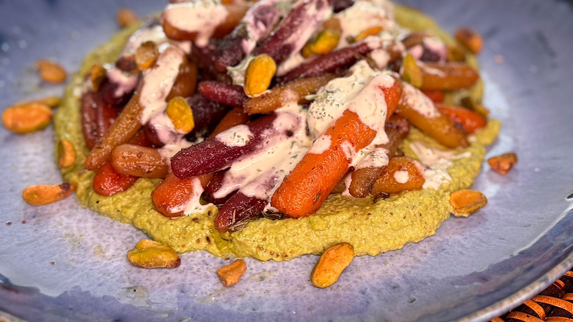 Pistachio Guac with Glazed Carrots