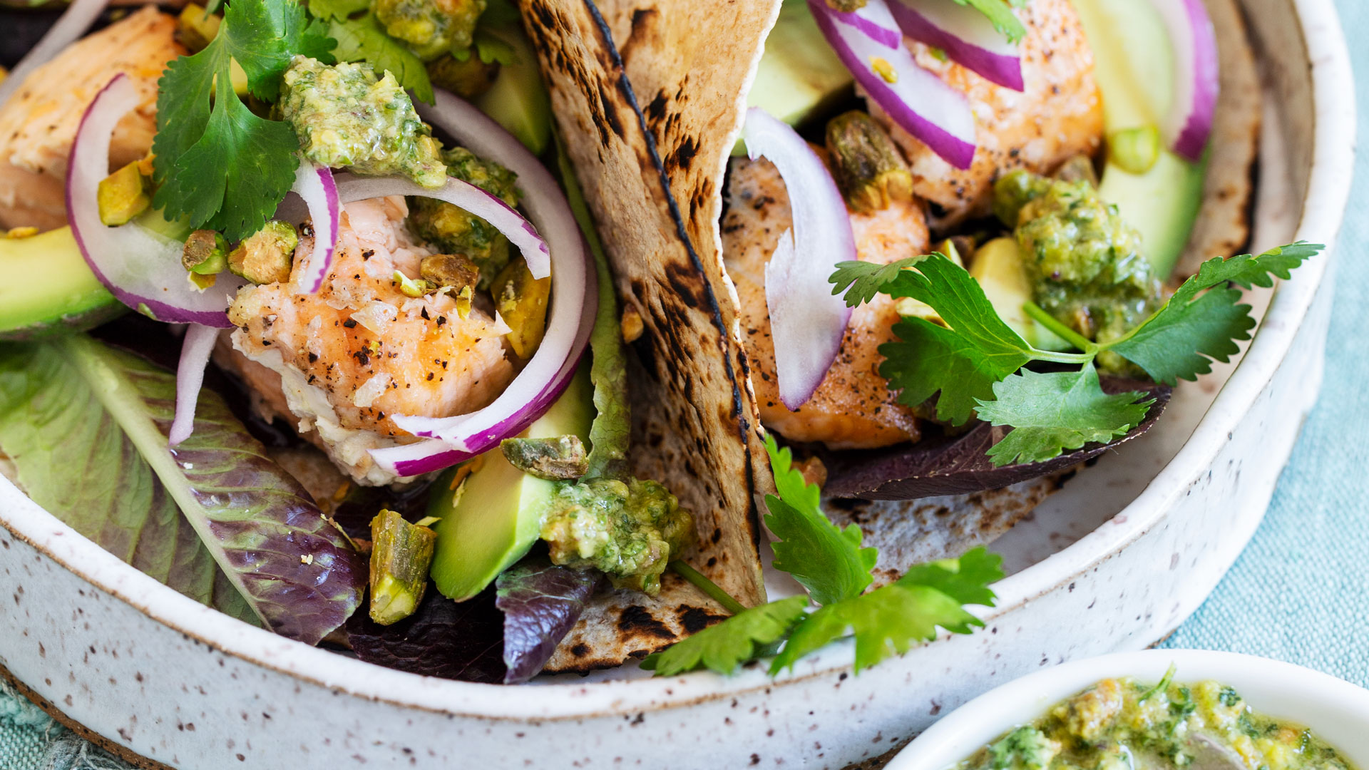 Salmon and Pistachio Tacos with Chili Sauce