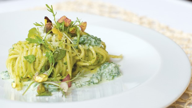 Spaghetti With Pistachio Pesto And Mint Ricotta by Todd English