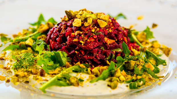 Tartare of Fresh Beets and Pistachios with Thyme Goat Cheese Cream