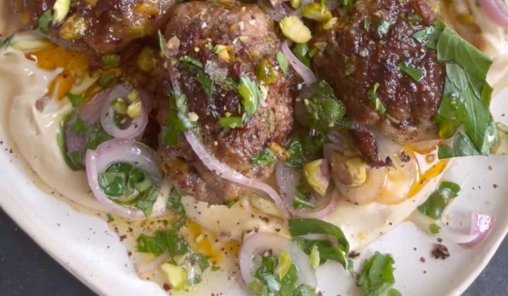 Lamb and pistachio kofta with houmous