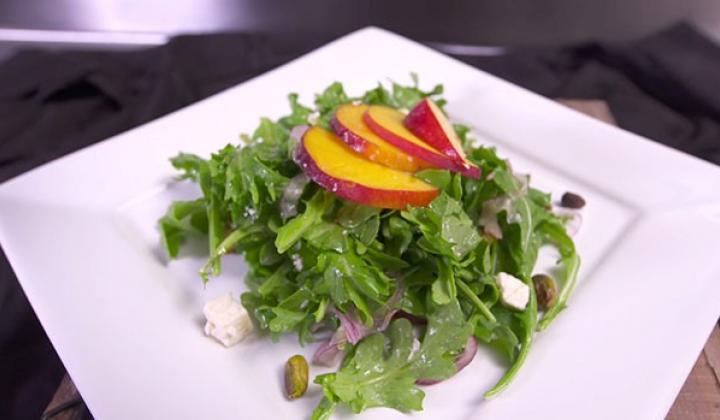 Peach and Arugula Salad with Pistachios and Lemon Vinaigrette