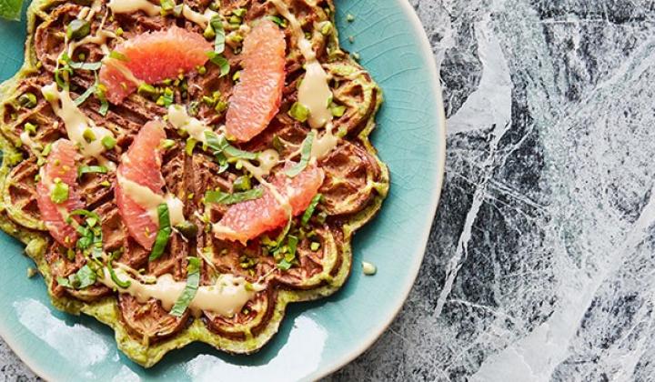 Pistachio Banana Waffles with Grapefruit, Mint, & Dulcey Chocolate