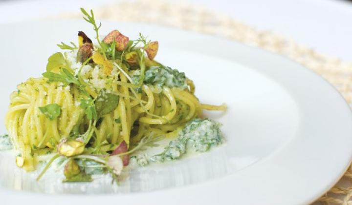 Spaghetti With Pistachio Pesto & Mint Ricotta