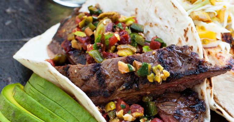 Grilled Skirt Steak with Smoked Pistachio Chipotle Salsa